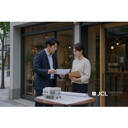상가 앞에서 임대차계약과 재건축 계획을 검토하는 임대인과 임차인