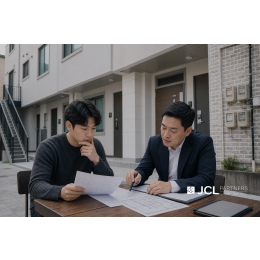 다가구주택 앞에서 임대차계약과 선순위 권리관계를 검토하는 임차인과 전문가