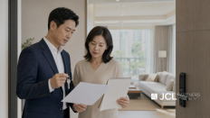 아파트 현관에서 임대차계약 갱신 일정과 실거주 계획을 확인하는 임대인과 임차인