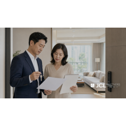 아파트 현관에서 임대차계약 갱신 일정과 실거주 계획을 확인하는 임대인과 임차인